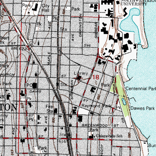 Topographic Map of Evanston Public Library, IL