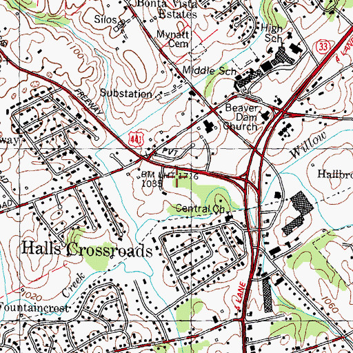 Topographic Map of Halls, TN