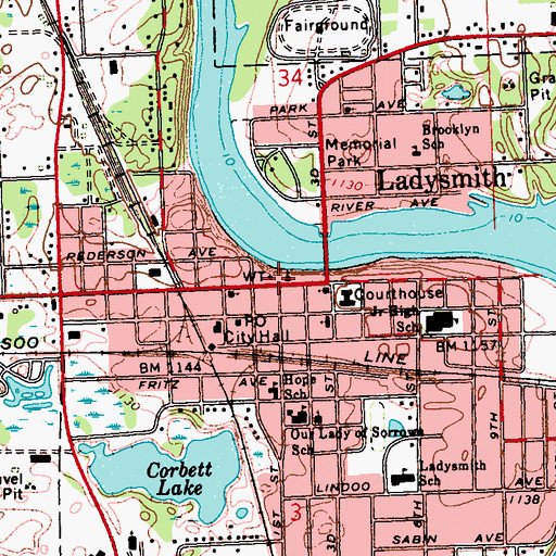 Topographic Map of Ladysmith Public Library, WI