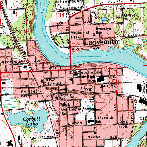 Topographic Map of Rusk County Jail, WI