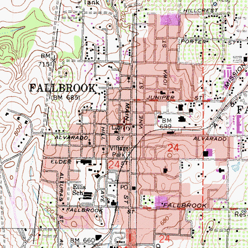 Topographic Map of Fallbrook Branch San Diego County Library, CA