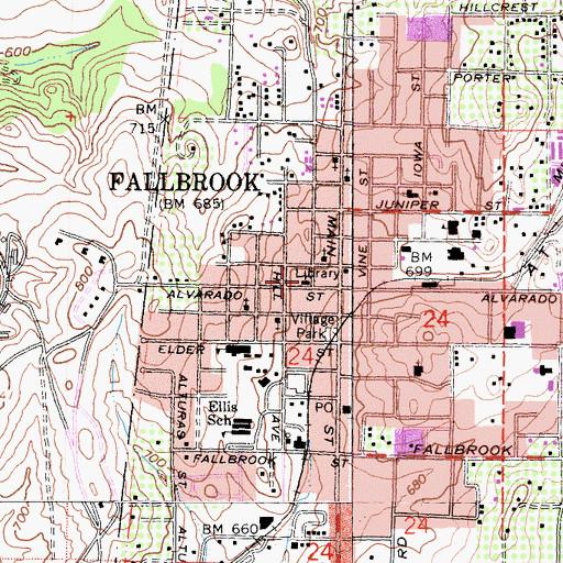 Topographic Map of Fallbrook First Baptist Church, CA