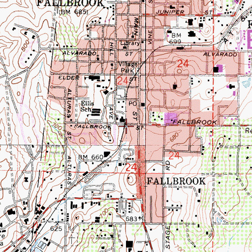 Topographic Map of Fallbrook Mercantile Shopping Center, CA