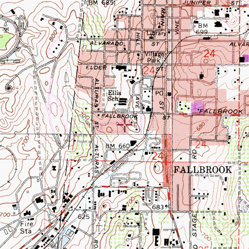 Topographic Map of Fallbrook Post Office, CA