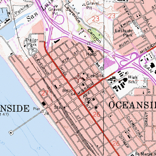 Topographic Map of Oceanside City Hall, CA