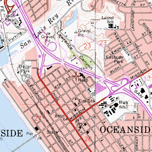 Topographic Map of Oceanside City Hospital, CA