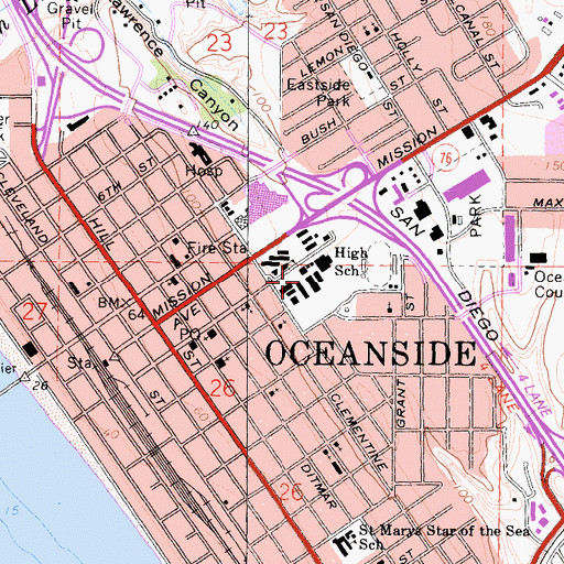 Topographic Map of Oceanside High School, CA