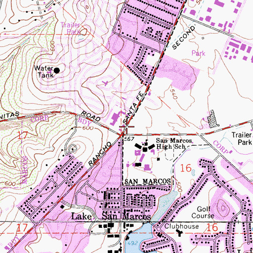 Topographic Map of Rancho San Marcos Village Shopping Center, CA