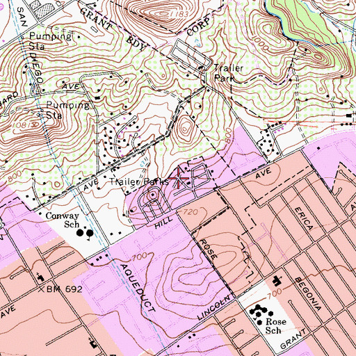 Topographic Map of Friendly Hills Manor Mobile Home Park, CA