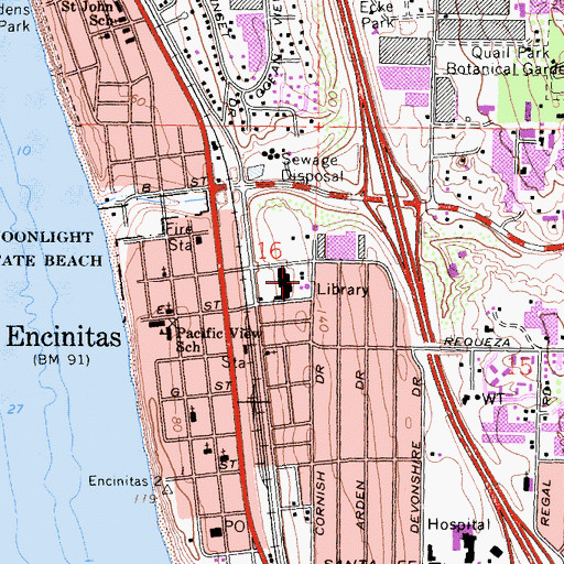 Topographic Map of Encinitas Branch San Diego County Library, CA