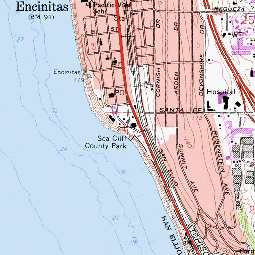 Topographic Map of Swamis Seaside Park, CA