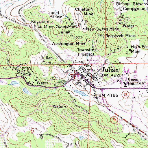 Topographic Map of Julian Town Hall, CA