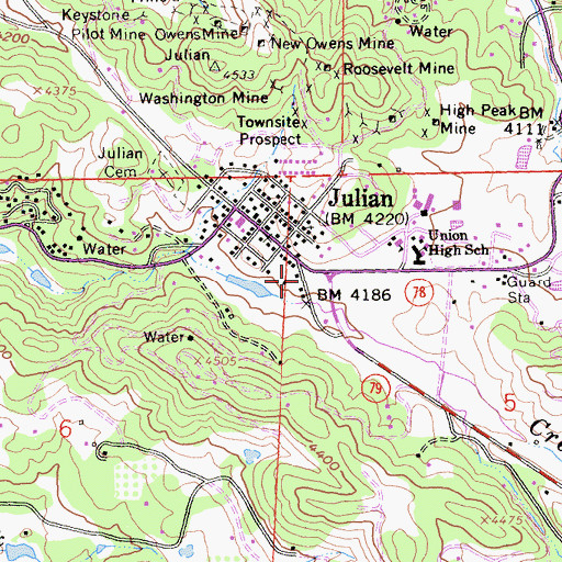 Topographic Map of Julian Branch San Diego County Library, CA