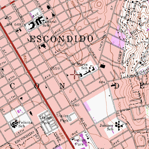 Topographic Map of Saint Marys Catholic Church of Escondido, CA