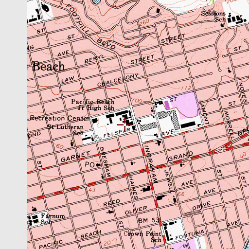 Topographic Map of Pacific Beach Branch San Diego Public Library, CA