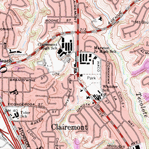 Topographic Map of Clairmont Park Recreation Center, CA