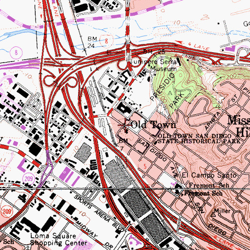 Topographic Map of Old Town Plaza, CA