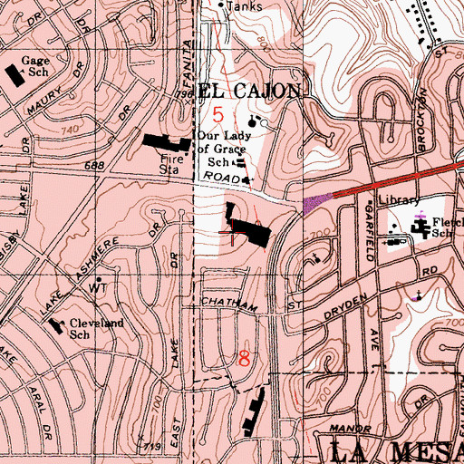 Topographic Map of Fletcher Hills Town and Country Shopping Center, CA