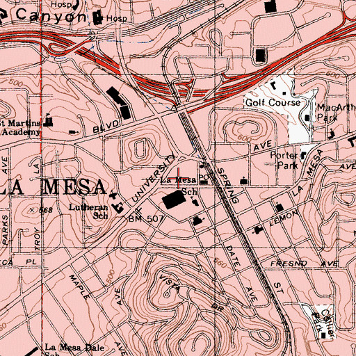 Topographic Map of La Mesa Civic Center, CA