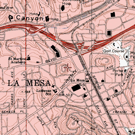 Topographic Map of La Mesa Crossroads Shopping Center, CA