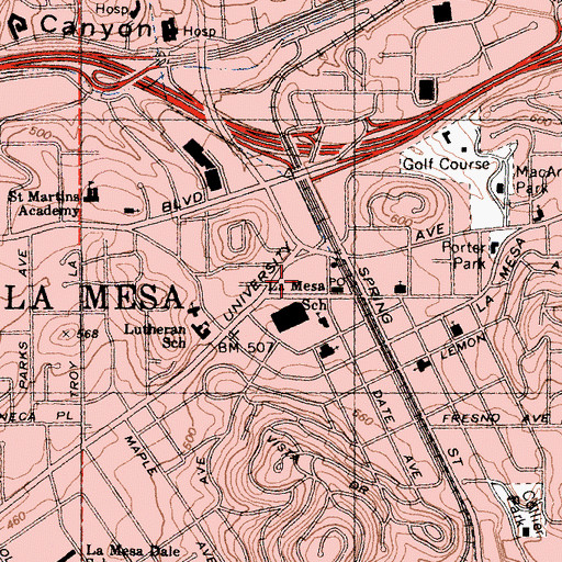 Topographic Map of La Mesa Finance Post Office, CA