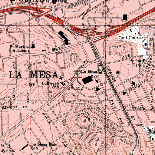 Topographic Map of La Mesa Springs Shopping Center, CA