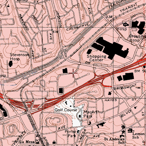 Topographic Map of La Mesa Square Shopping Center, CA