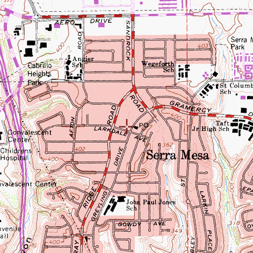 Topographic Map of Serra Mesa Post Office, CA