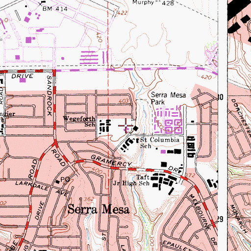 Topographic Map of Serra Mesa Recreation Center, CA