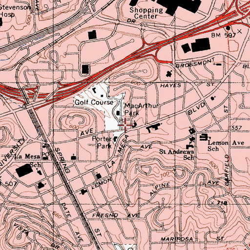 Topographic Map of La Mesa Church of Christ, CA