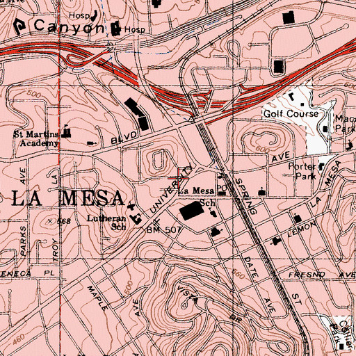 Topographic Map of La Mesa Memorial Fine Arts Center, CA