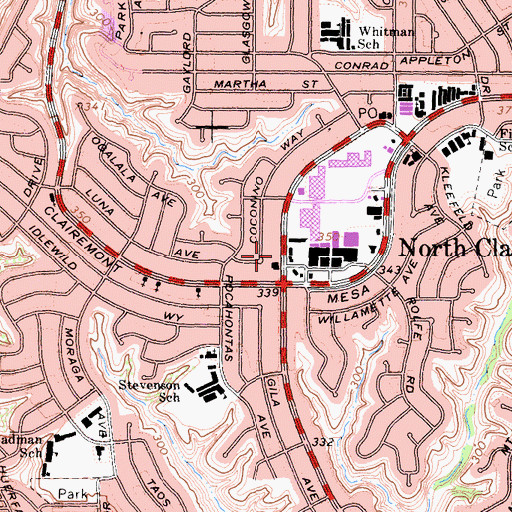 Topographic Map of North Clairemont Branch San Diego Public Library, CA