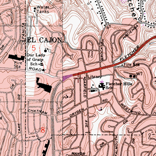 Topographic Map of Fletcher Hills Branch San Diego County Library, CA