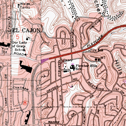 Topographic Map of Fletcher Hills Park, CA