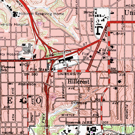 Topographic Map of Hillcrest Colonade Shopping Center, CA