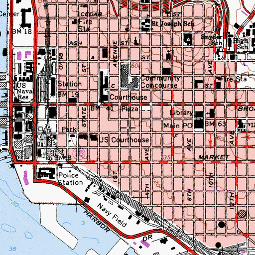 Topographic Map of Westfield Shoppingtown Horton Plaza, CA