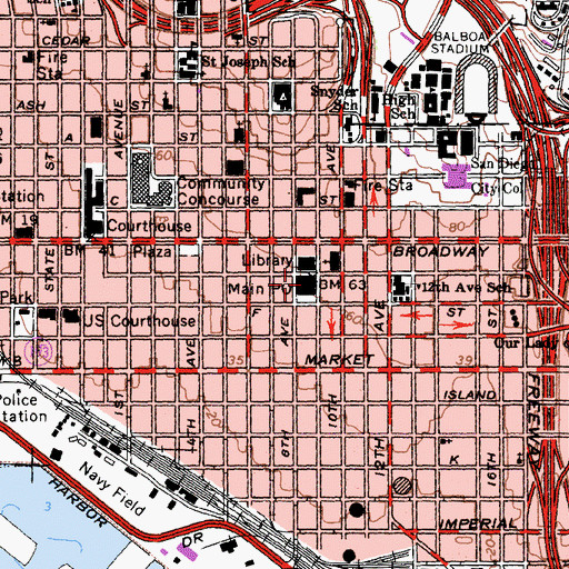 Topographic Map of Main Branch San Diego Post Office, CA