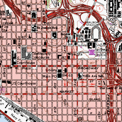 Topographic Map of San Diego Downtown Senior Center, CA