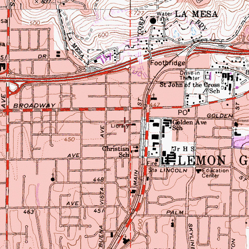 Topographic Map of Lemon Grove Branch San Diego County Library, CA