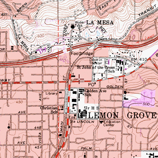 Topographic Map of Lemon Grove Post Office, CA