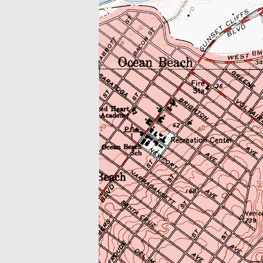 Topographic Map of Ocean Beach Branch San Diego Public Library, CA
