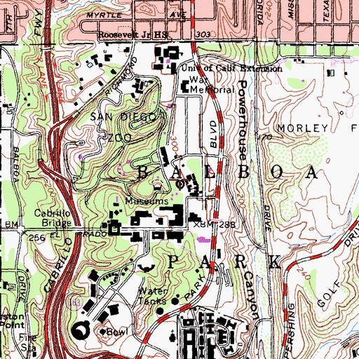 Topographic Map of Spanish Village Art Center, CA