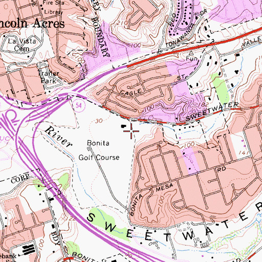 Topographic Map of Plaza Bonita Shopping Center, CA