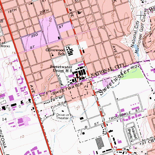 Topographic Map of Sweetwater Adult School, CA