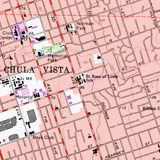 Topographic Map of Saint Rose of Lima Roman Catholic Church, CA
