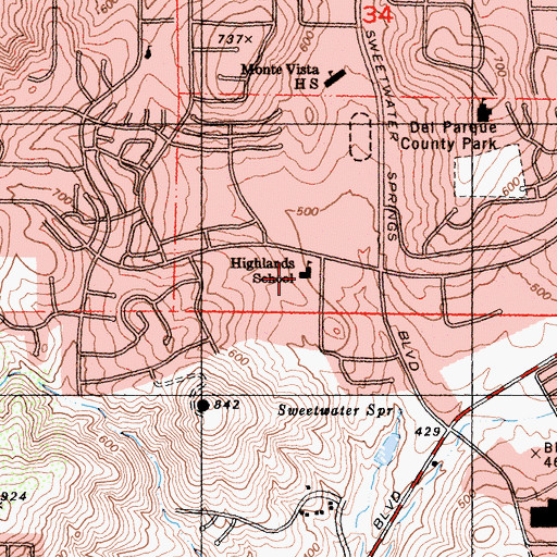 Topographic Map of Sweetwater Springs Community Elementary School, CA