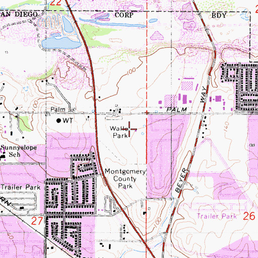 Topographic Map of Montgomery Waller Recreation Center, CA