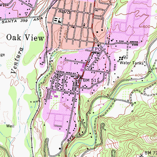 Topographic Map of Oak View Post Office, CA