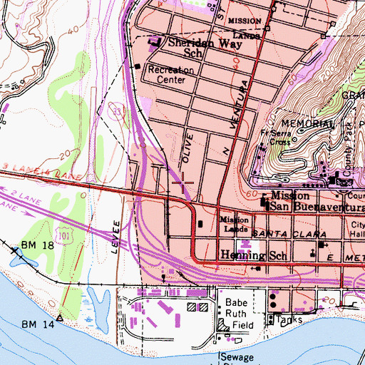 Topographic Map of Mission Plaza Shopping Center, CA