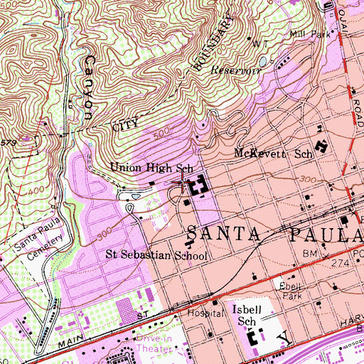 Topographic Map of Santa Paula Adult Education School, CA